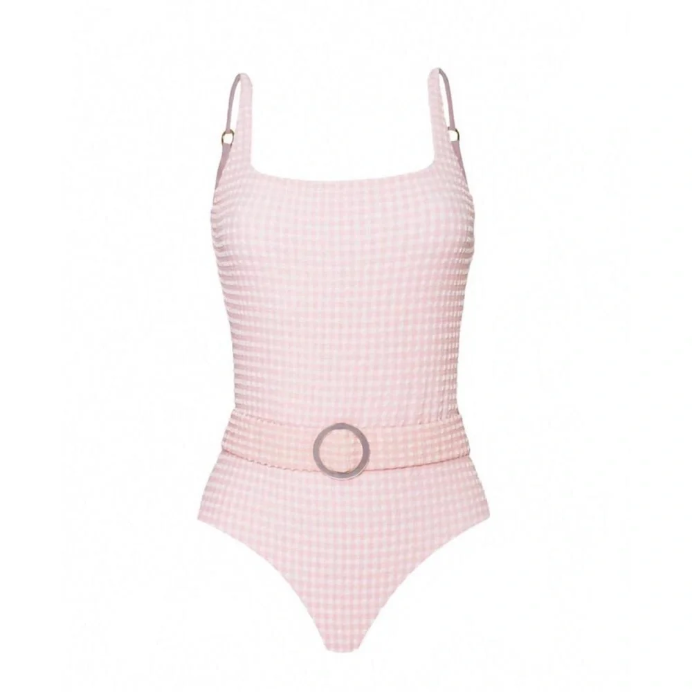 PQ Ballet Lucia Belted Pink Gingham One-Piece Swimsuit Large